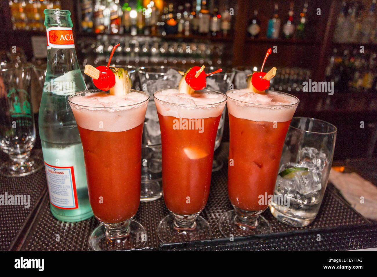 Real, original Singapore Sling drinks at the Long Bar of Raffles Hotel. Stock Photo