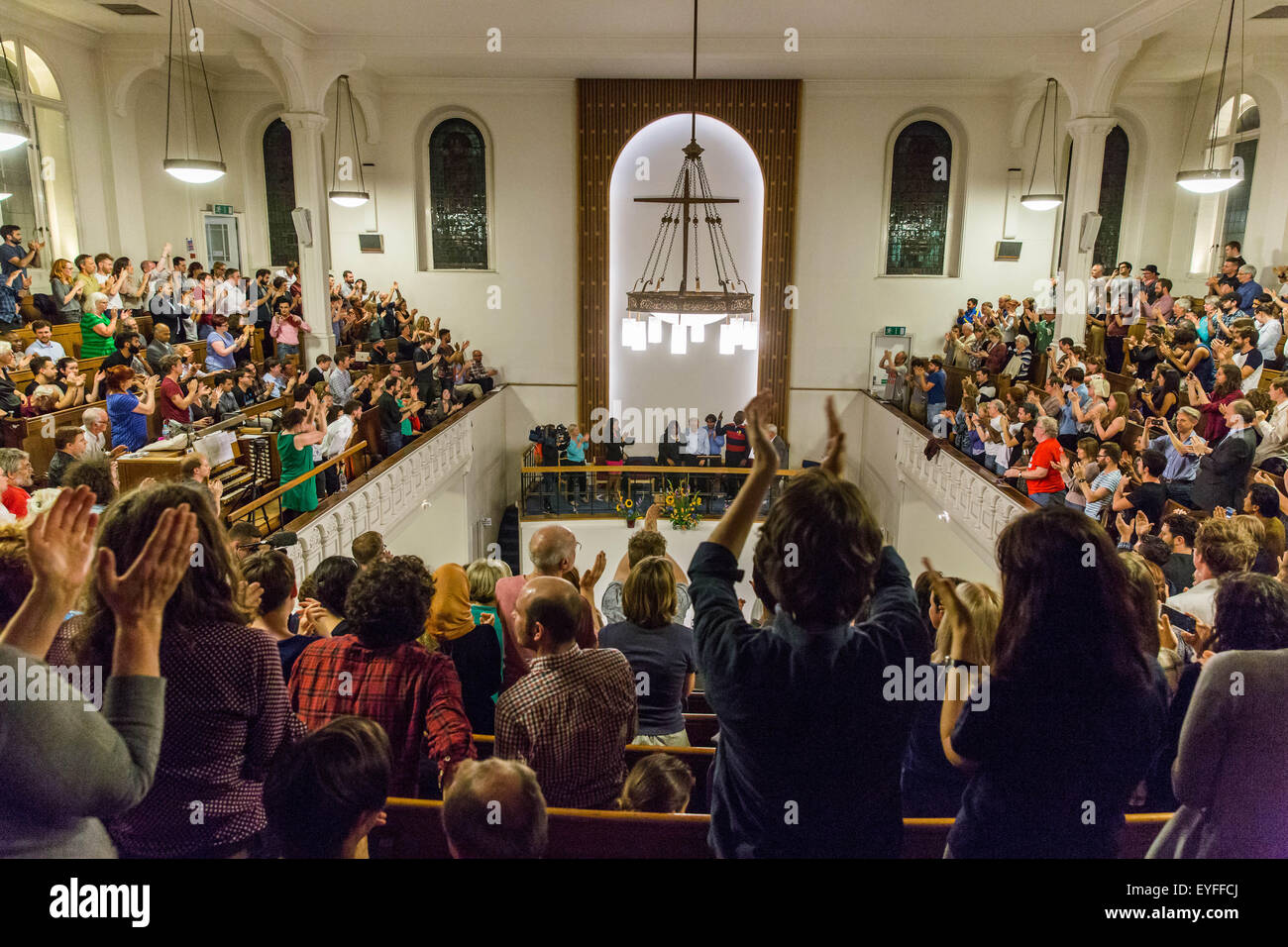 London, UK. 28th July, 2015. Politics. Diane Abbott and Jeremy Corbyn address a meeting in Bloomsbury on the policies they think Labour needs to win and on their own campaigns for Mayor of London and Labour leader. The meeting was oversubscribed with standing room only. They receive a standing ovation Credit:  carol moir/Alamy Live News Stock Photo