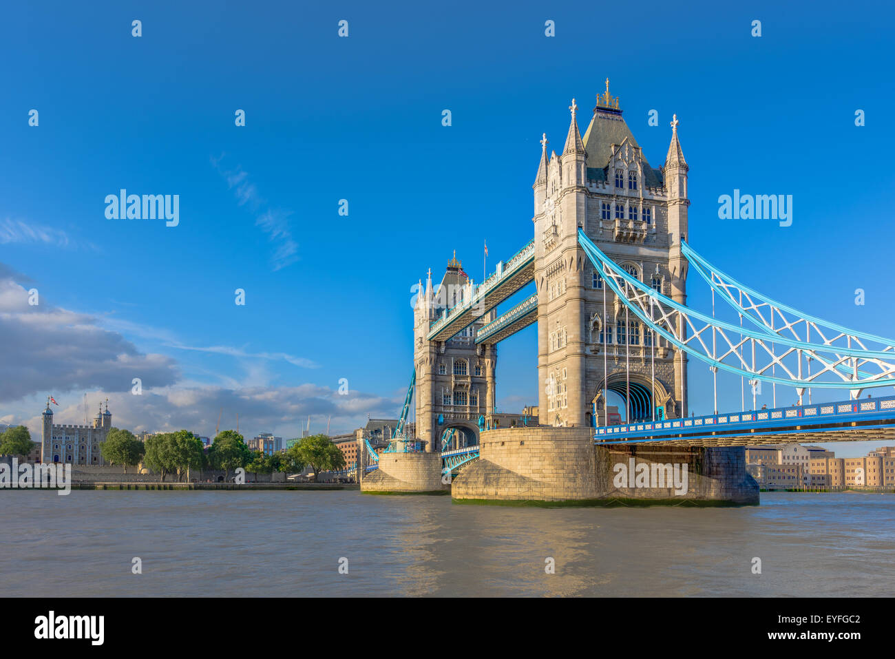 Tower Bridge is a combined bascule and suspension bridge in London, England, over the River Thames. Stock Photo