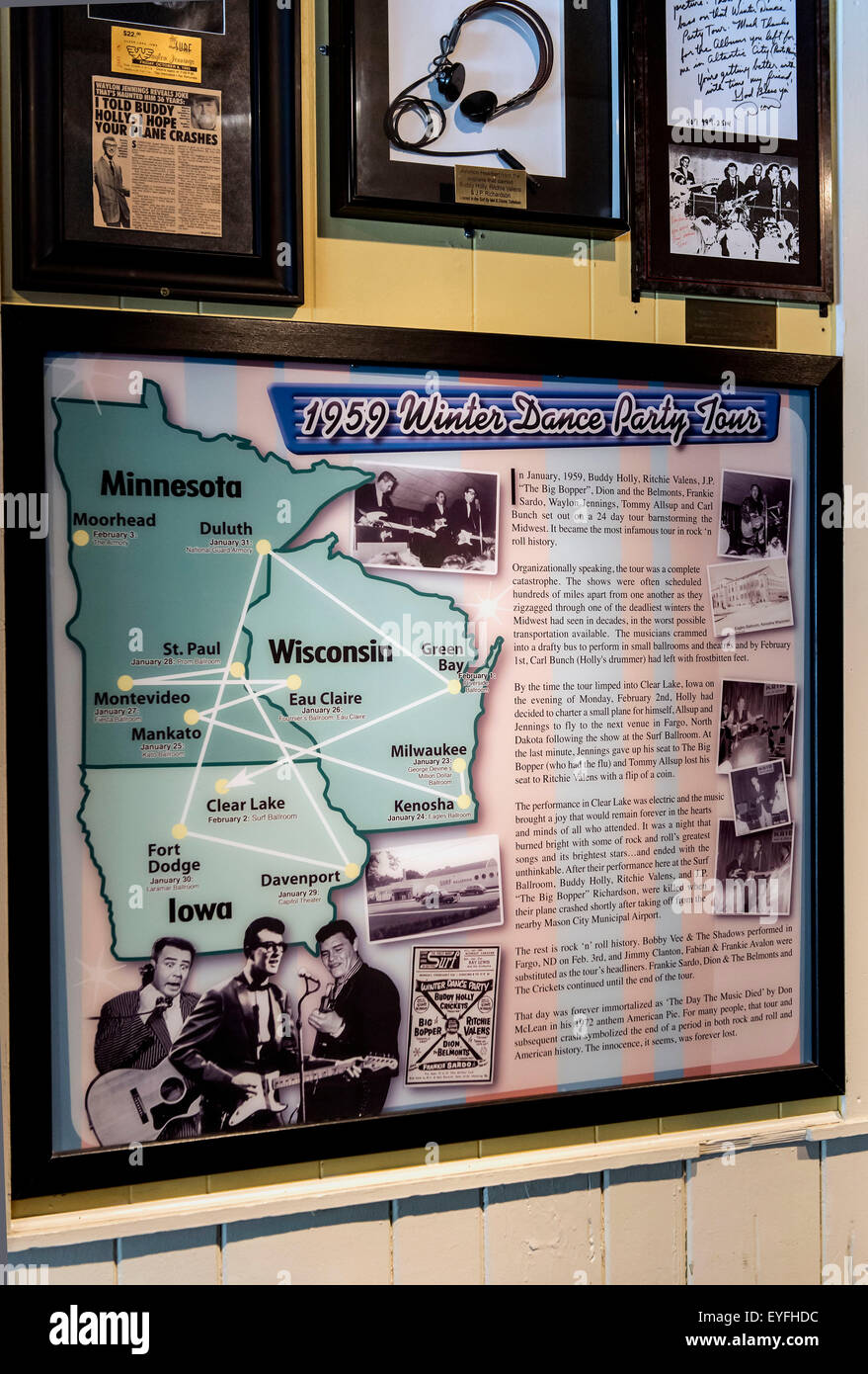 Clear Lake, Iowa, USA. 28th July, 2015. Memorabilia from decades of concerts adorns the walls of the Surf Ballroom in Clear Lake, Iowa, the site of the last concert on the 1959 Winter Dance Party tour before the plane crash on Feb. 3 that took the lives of musicians BUDDY HOLLY, RITCHIE VALENS and J.P. ''THE BIG BOPPER'' RICHARDSON. The Surf, in business at its present location since 1948, has been lovingly maintained as one of the last remaining ballrooms in the midwest. © Brian Cahn/ZUMA Wire/Alamy Live News Stock Photo