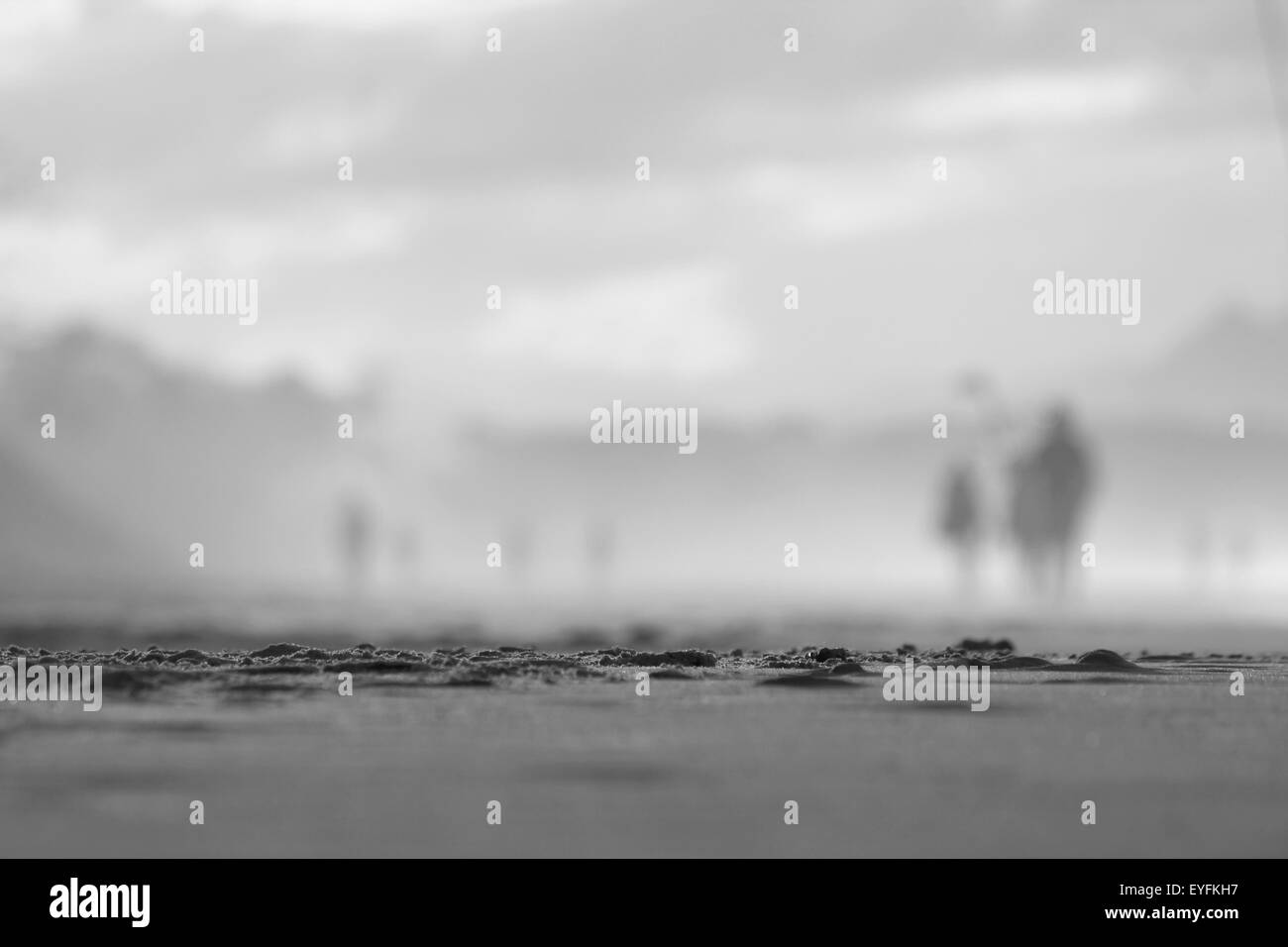 Black and White, soft focus, people walking on beach Stock Photo