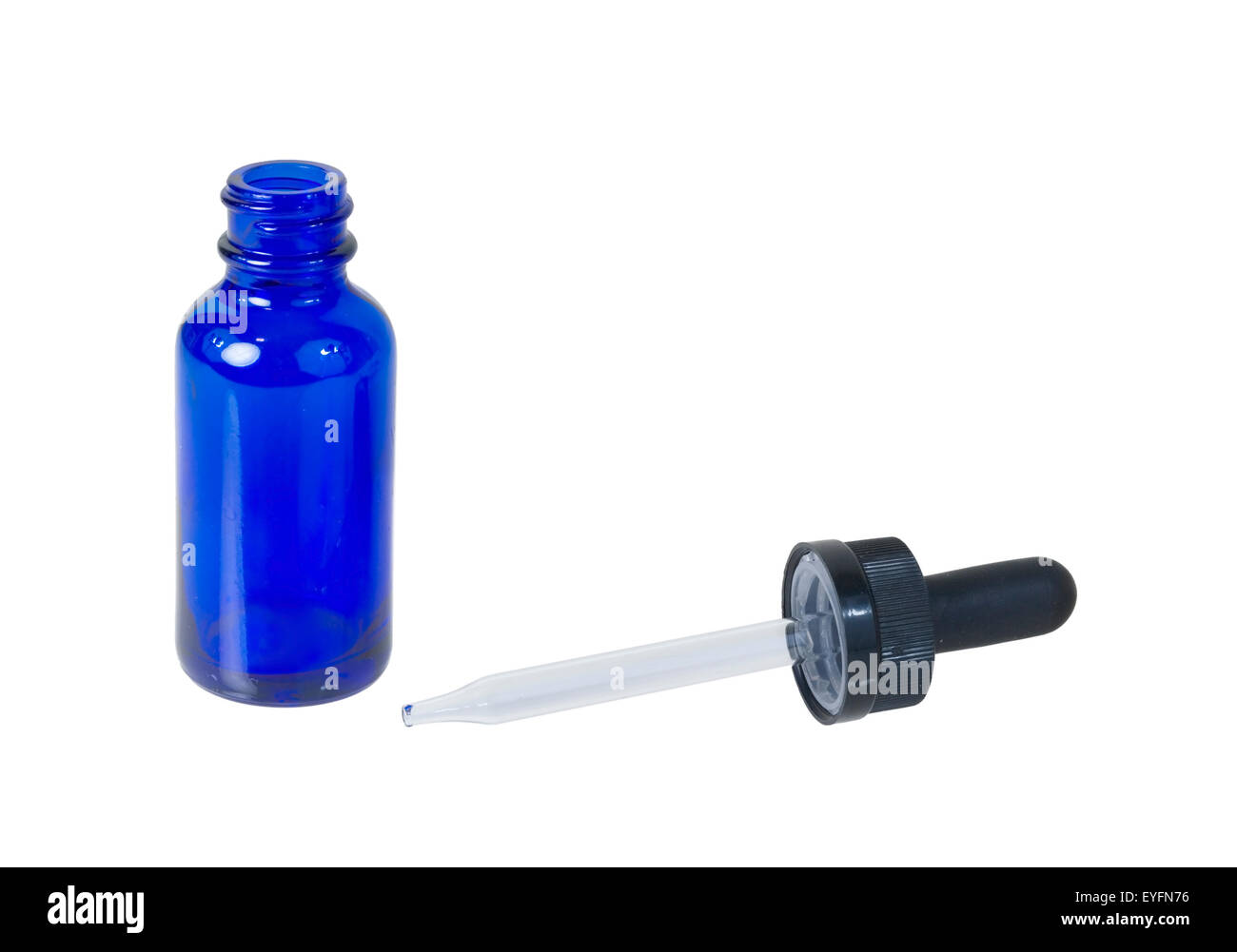 Blue dropper bottle with black bulb for dispensing drops of liquid - path included Stock Photo