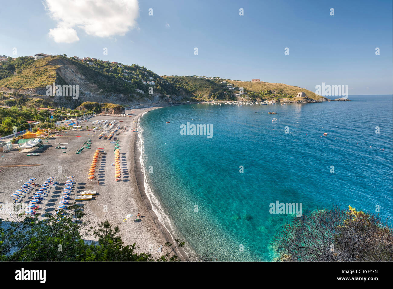 Italy Calabria Tyrrhenian Sea San Nicola Arcella coastline beach resort inlet and Saracen or Crawford Tower Stock Photo