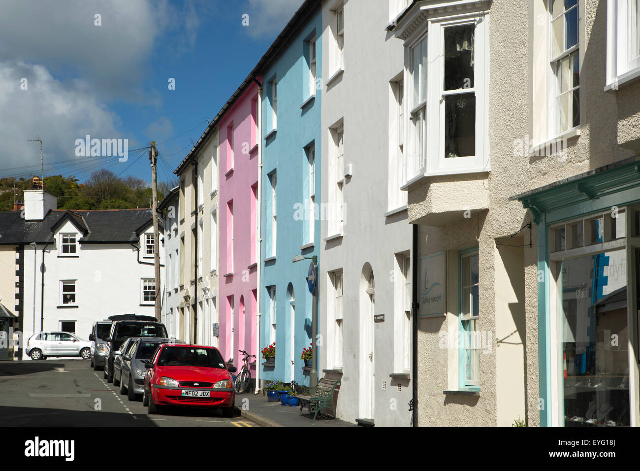 UK, Wales, Gwynedd, Aberdovey, New Street, colourfully painted terrace