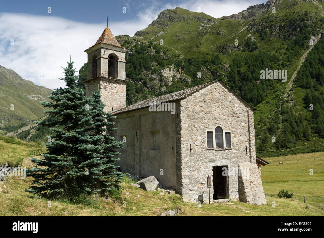 Italy Lombardy Stelvio National Park the Alps Rezzalo Valley San Bernardo alpine church 1672 A.D. Stock Photo