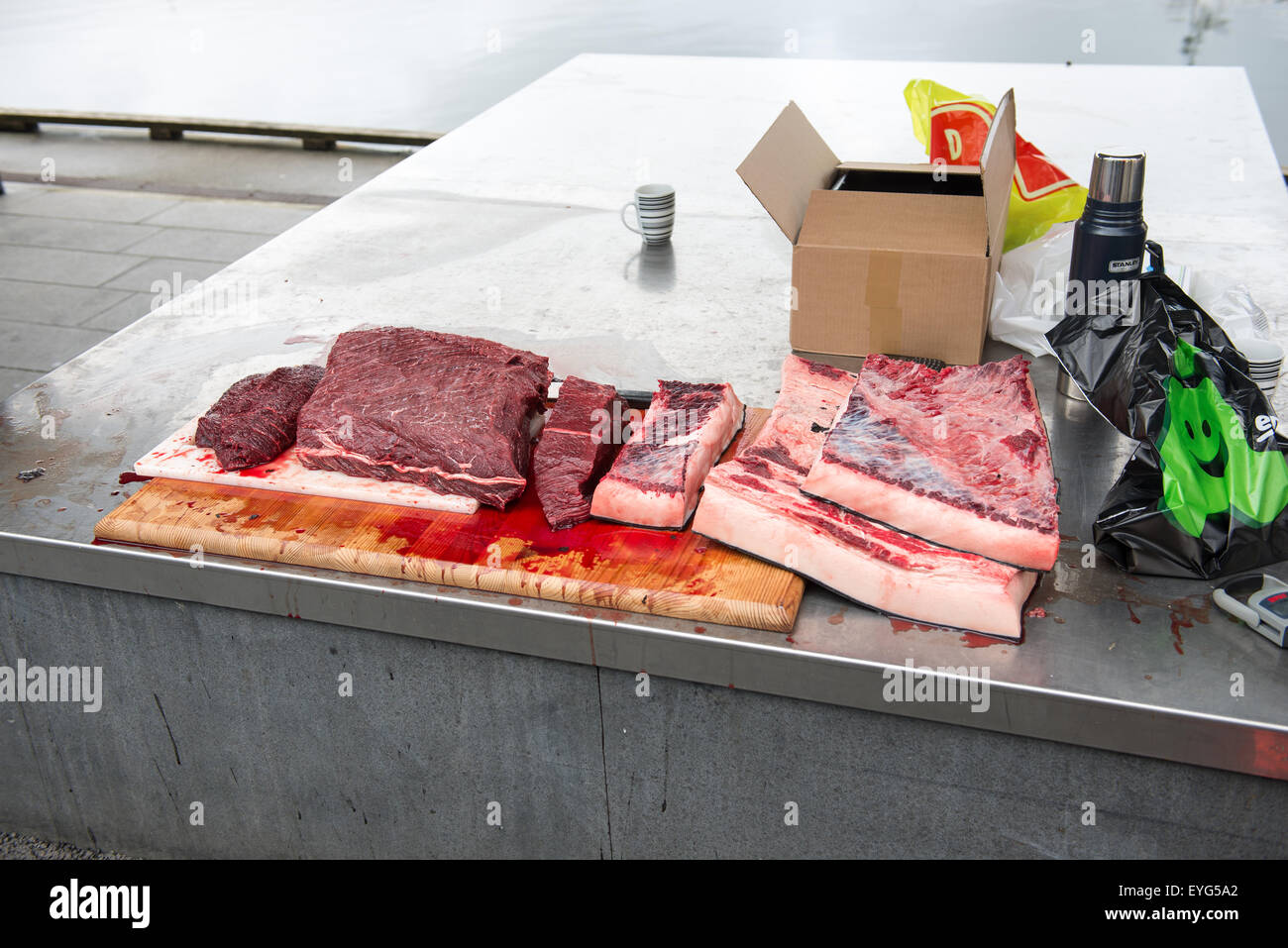 Meat of the Long-finned pilot whale, Globicephala melas, or grind whale on a marked in Torshavn on the Faroe Islands Stock Photo
