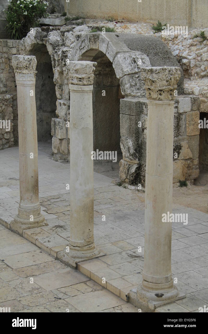 Remains of the Byzantine Cardo, built by Emperor Justinian in the 6th century, at the Jewish Quarter of Jerusalem Old City Stock Photo