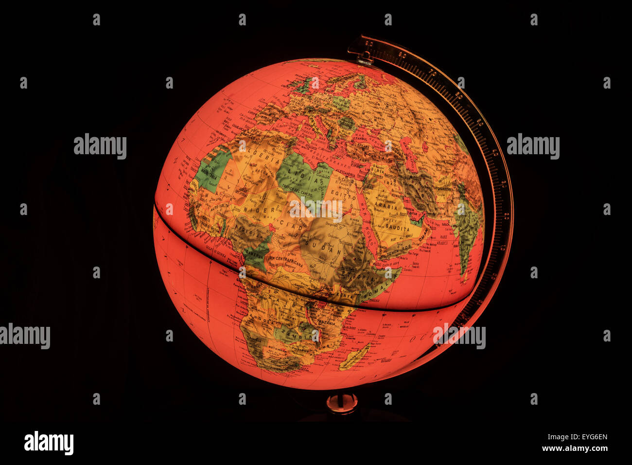 red light world globe illuminated from within with closeup on Europe and Africa Stock Photo