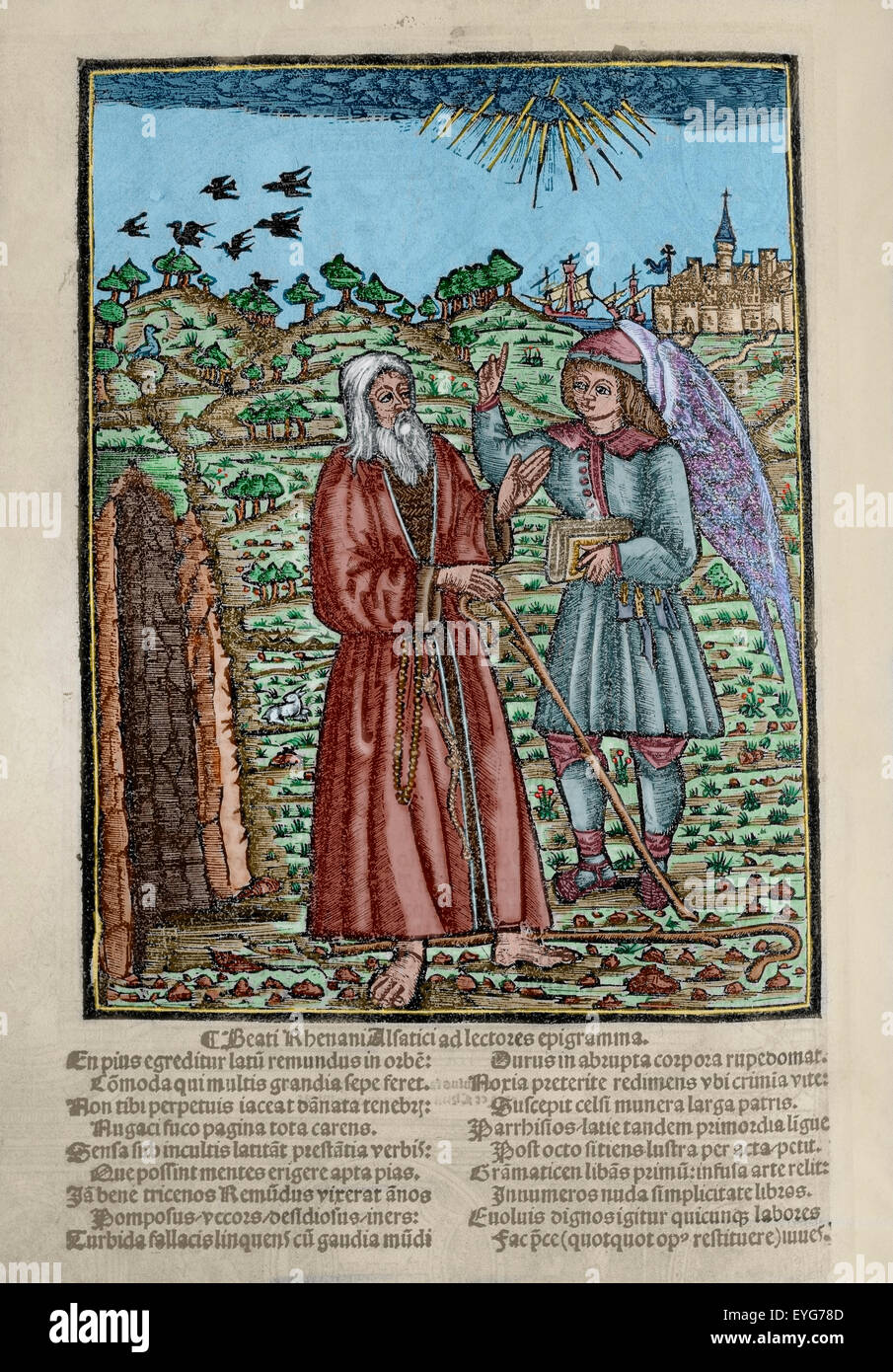 Ramon Llull (1235-1316). Spanish writer and philosopher. Blanquerna, ca. 1293. Engraving of the back cover with Llull and a disciple. Beati Rhenani Alfatici ad lectores epigramma. Folio in Latin. Colored. Stock Photo