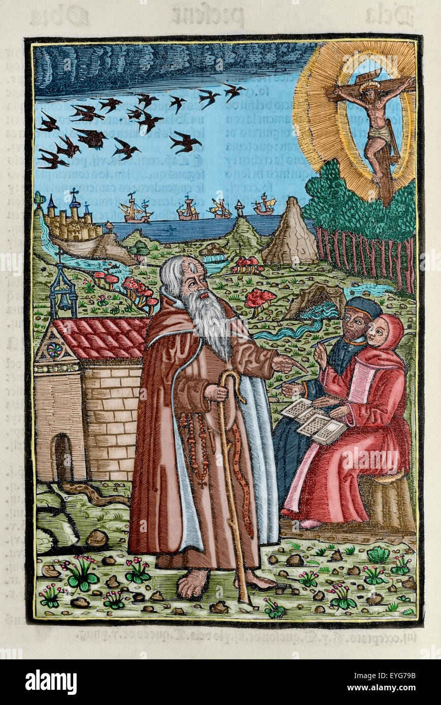 Ramon Llull (1235-1316). Spanish writer and philosopher. Blanquerna, ca. 1293. Engraving depicting Ramon Llull preaching or talking to two people or disciples. Colored. Stock Photo