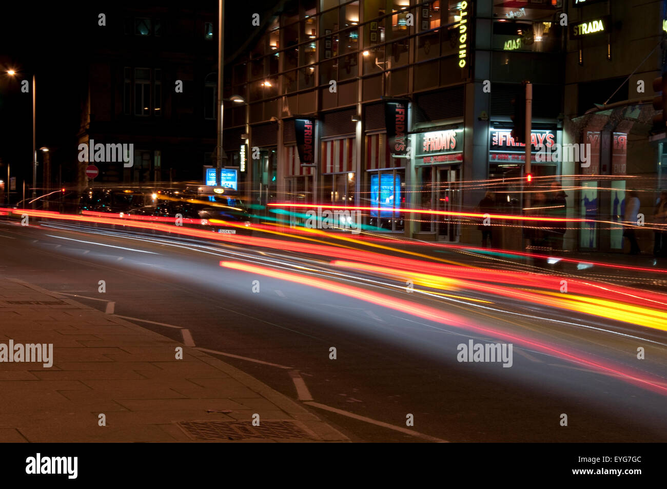 Light trails in Nottingham City at night, Nottinghamshire England UK