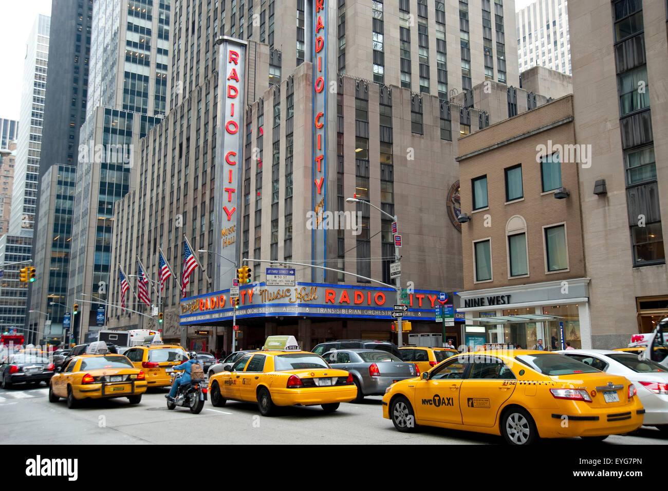 New York City,Radio City Music Hall,Yellow Taxi Stock Photo