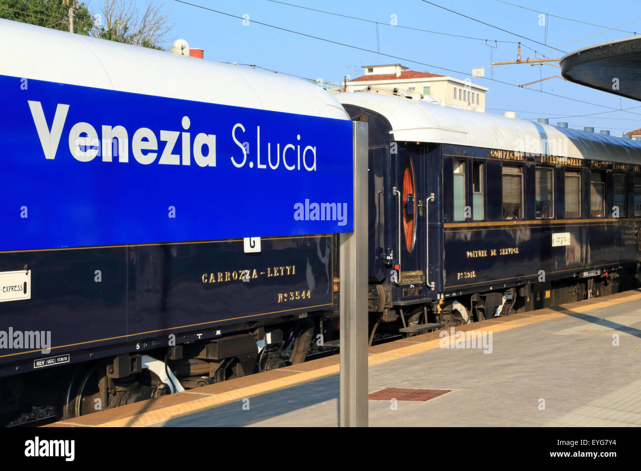 The Venice Simplon-Orient-Express Luxury Train at Venice train station. Stock Photo