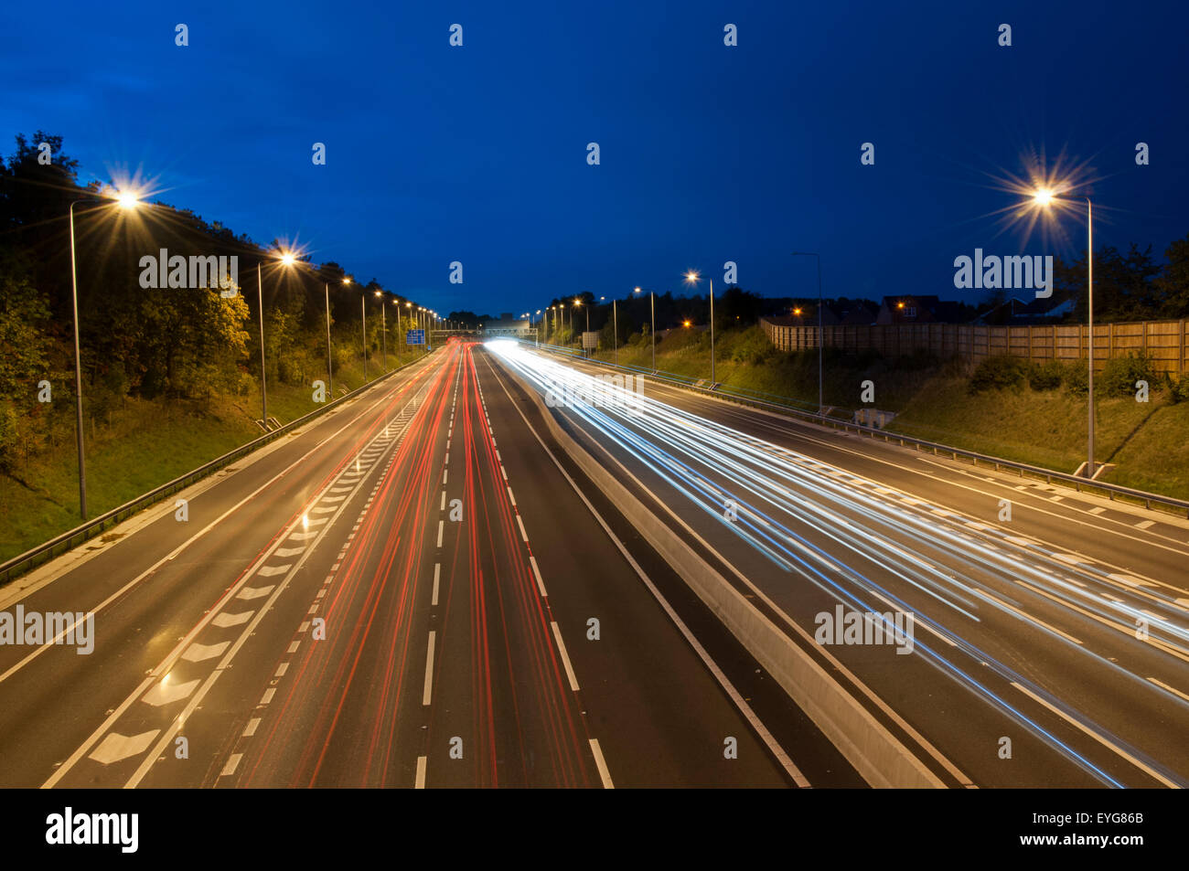 Traffic light trails on the M1 Motorway in Nottinghamshire, England UK
