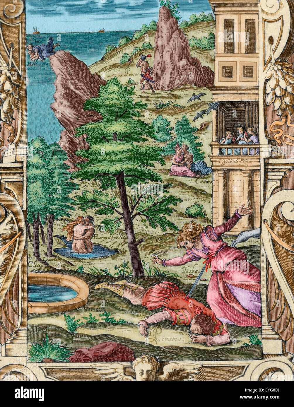 Ovid (Publius Ovidius Naso) (43 BC-17 AD). Latin poet. Metamorphoses 2-8 AD. Book IV. Engraving depicting the death of Pyramus and Thisbe. Italian edition. Venice, 1584. Colored. Stock Photo