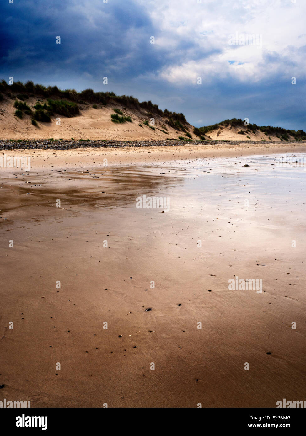 Dark Clouds over Sand Dunes and Wet Sand on Hauxley Beach Amble by the Sea Northumberland England Stock Photo
