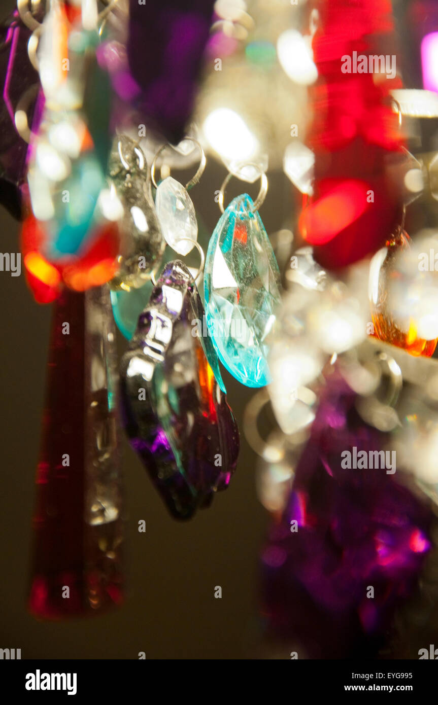 Close up of colourful glass beads on a lampshade. Stock Photo