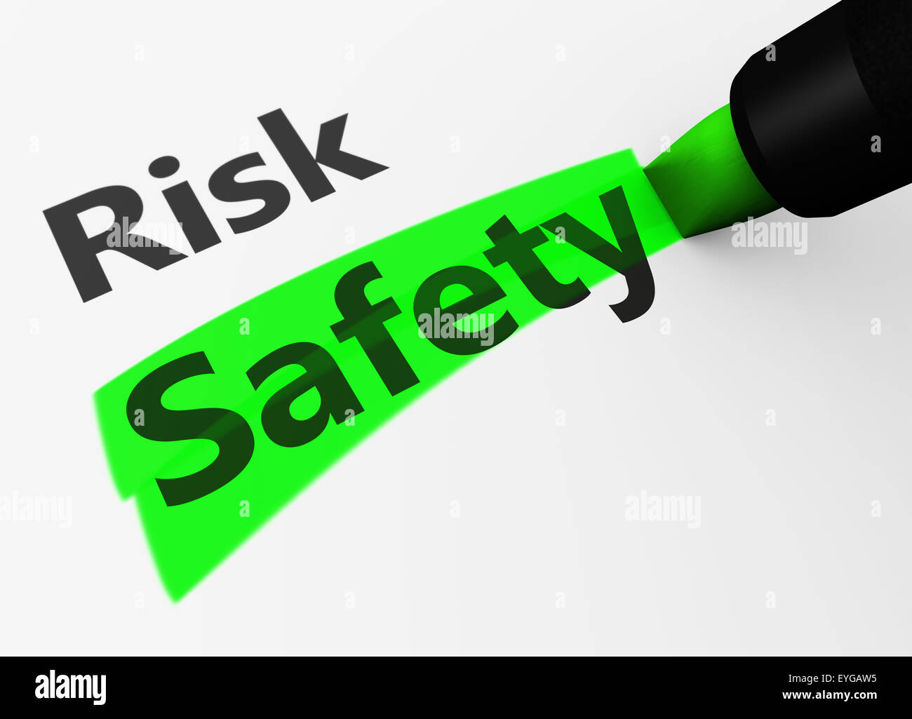 Safety and security concept with a 3d render of risk text and safety word highlighted with a green marker. Stock Photo