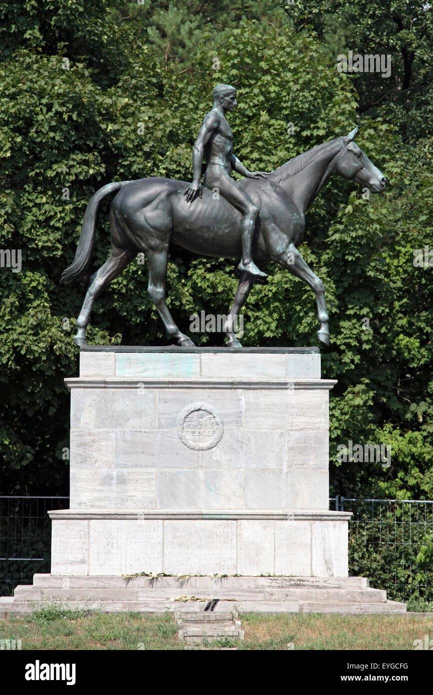 Berlin, Germany, equestrian statue of Willibald Fritsch on the harness racing track Karlshorst Stock Photo