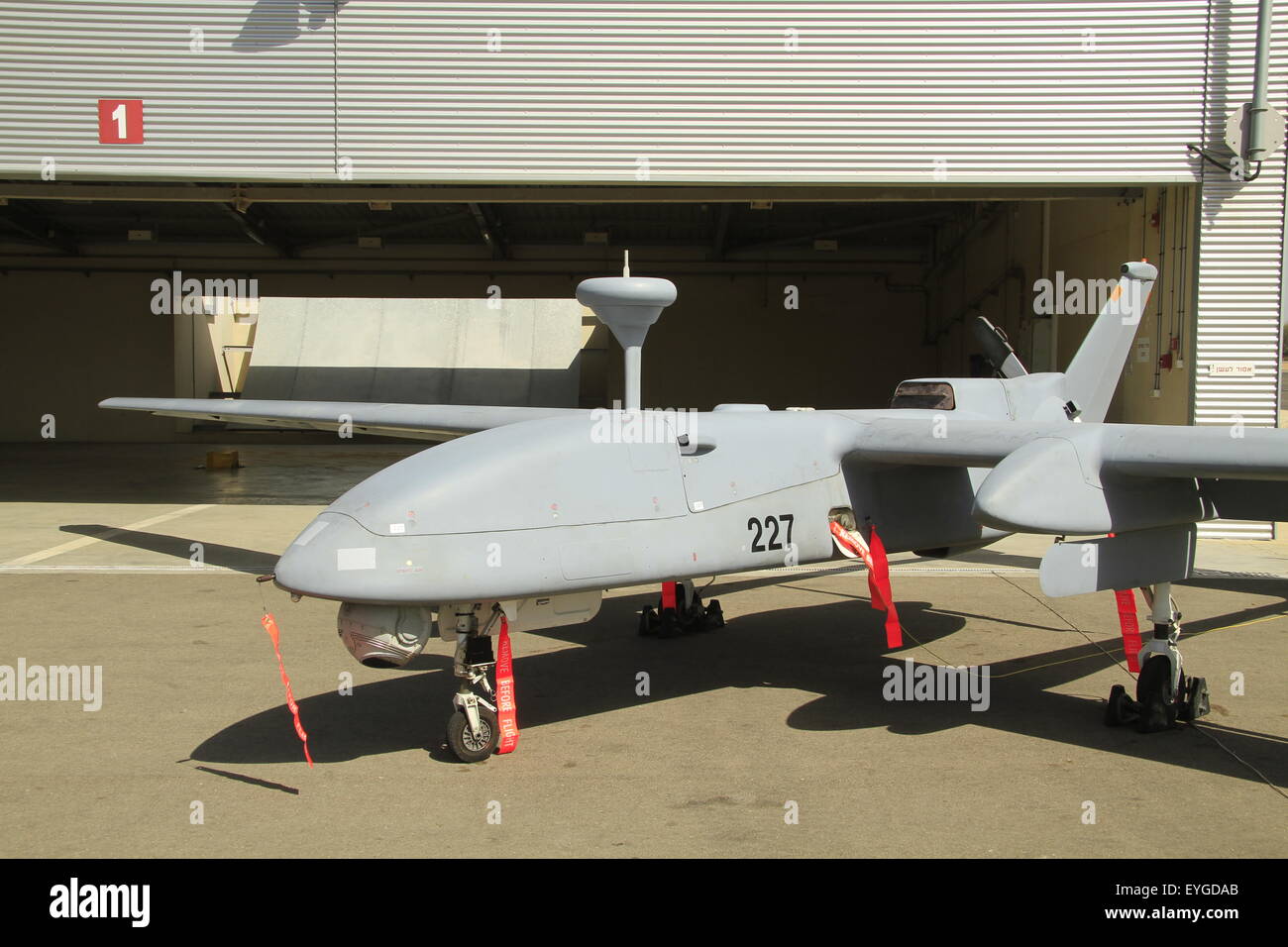 Israeli made Heron UAV at Palmachim Air Force base, the drone produced by Israel Aerospace Industries (IAI) is a Medium Altitude Long Endurance (MALE) UAV for strategic and tactical missions Stock Photo
