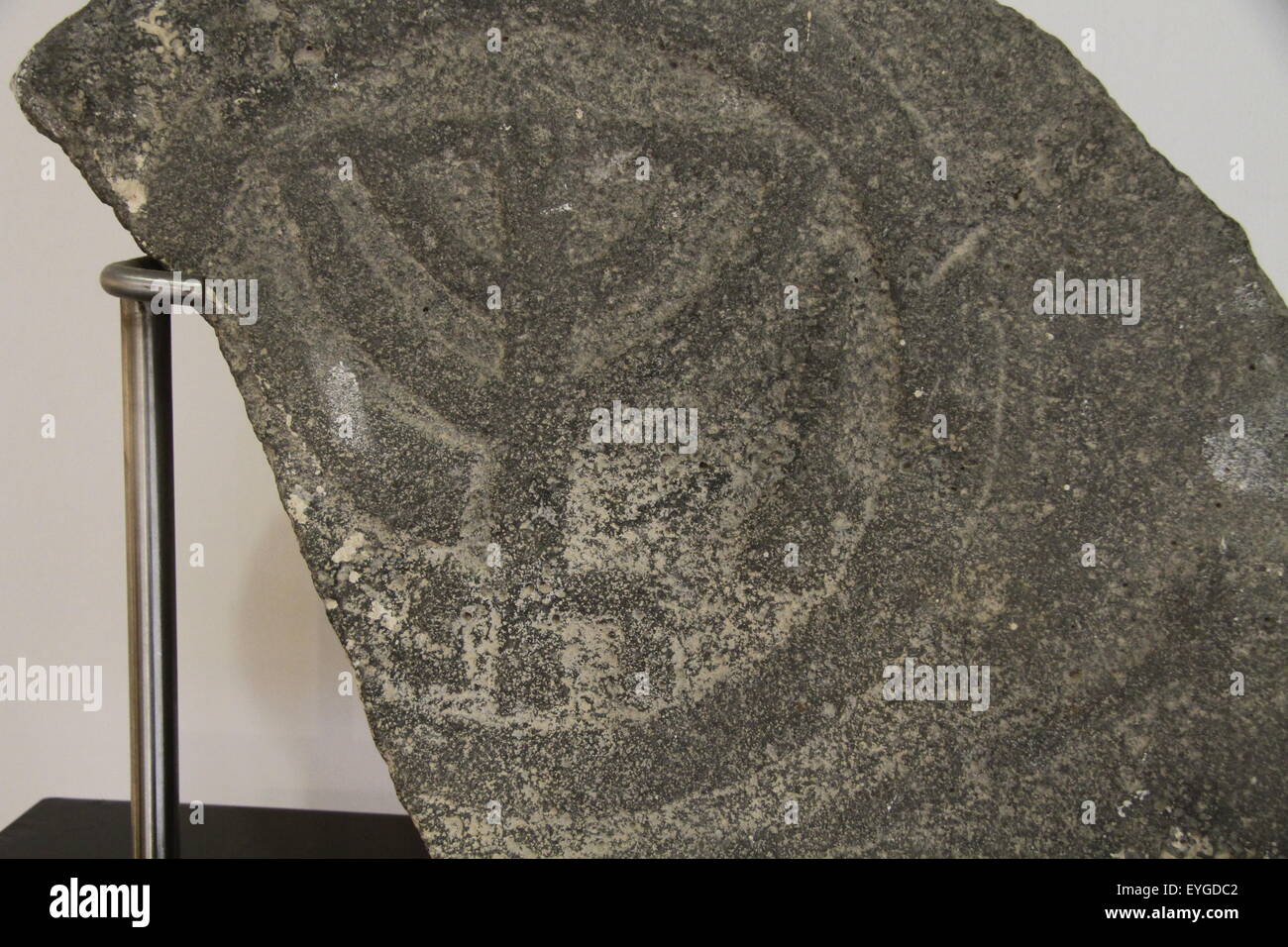 Menorah relief on a basalt slab, probably from a Synagogue in Tiberias, Roman-Byzantine period, at the Hecht Museum, the University of Haifa Stock Photo