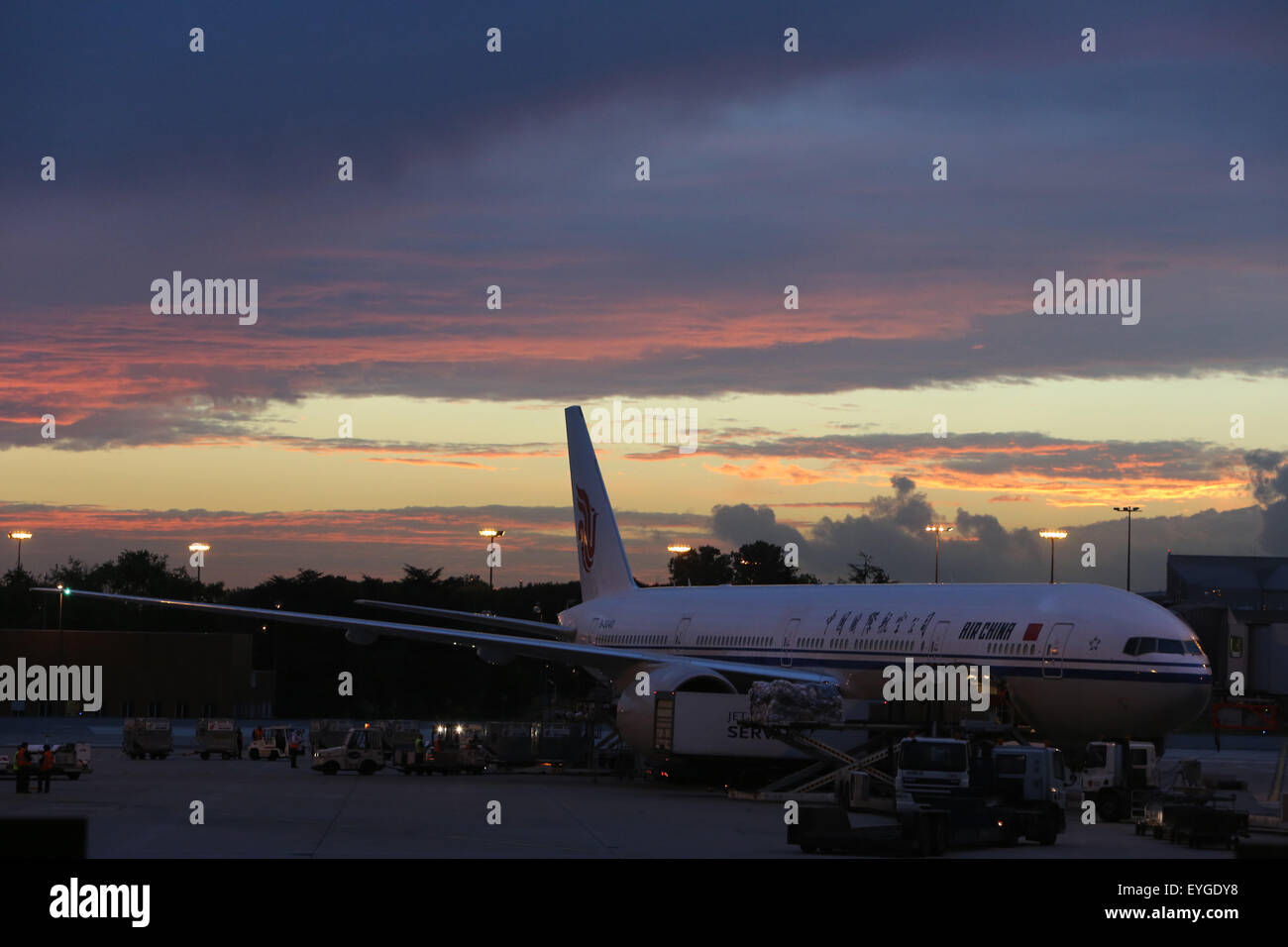 Paris, France, Boeing 777 of Air China at dusk on the Charles de Gaulle Airport Stock Photo