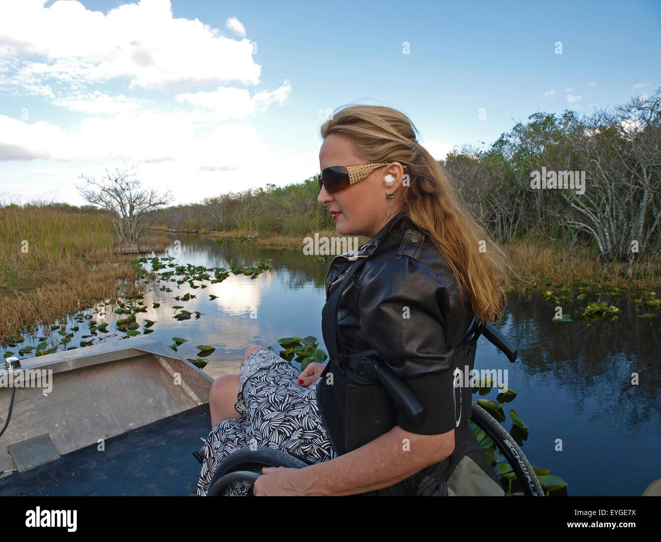 Woman using a wheelchair on an accessible airboat in the Florida Everglades Stock Photo Alamy