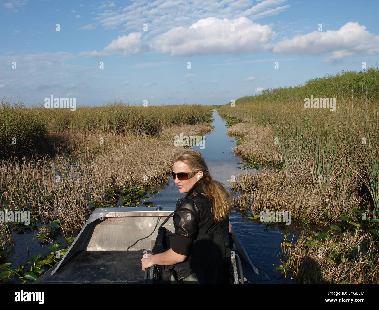 Woman using a wheelchair on an accessible airboat in the Florida Everglades Stock Photo Alamy