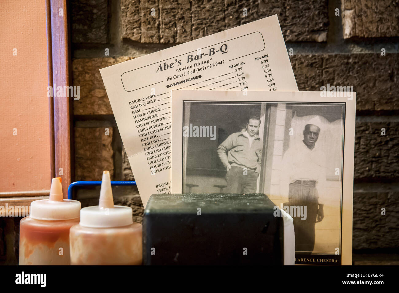 USA, Mississippi, Close-up of menu of famous Abe's Bar-B-Q; Clarksdale Stock Photo