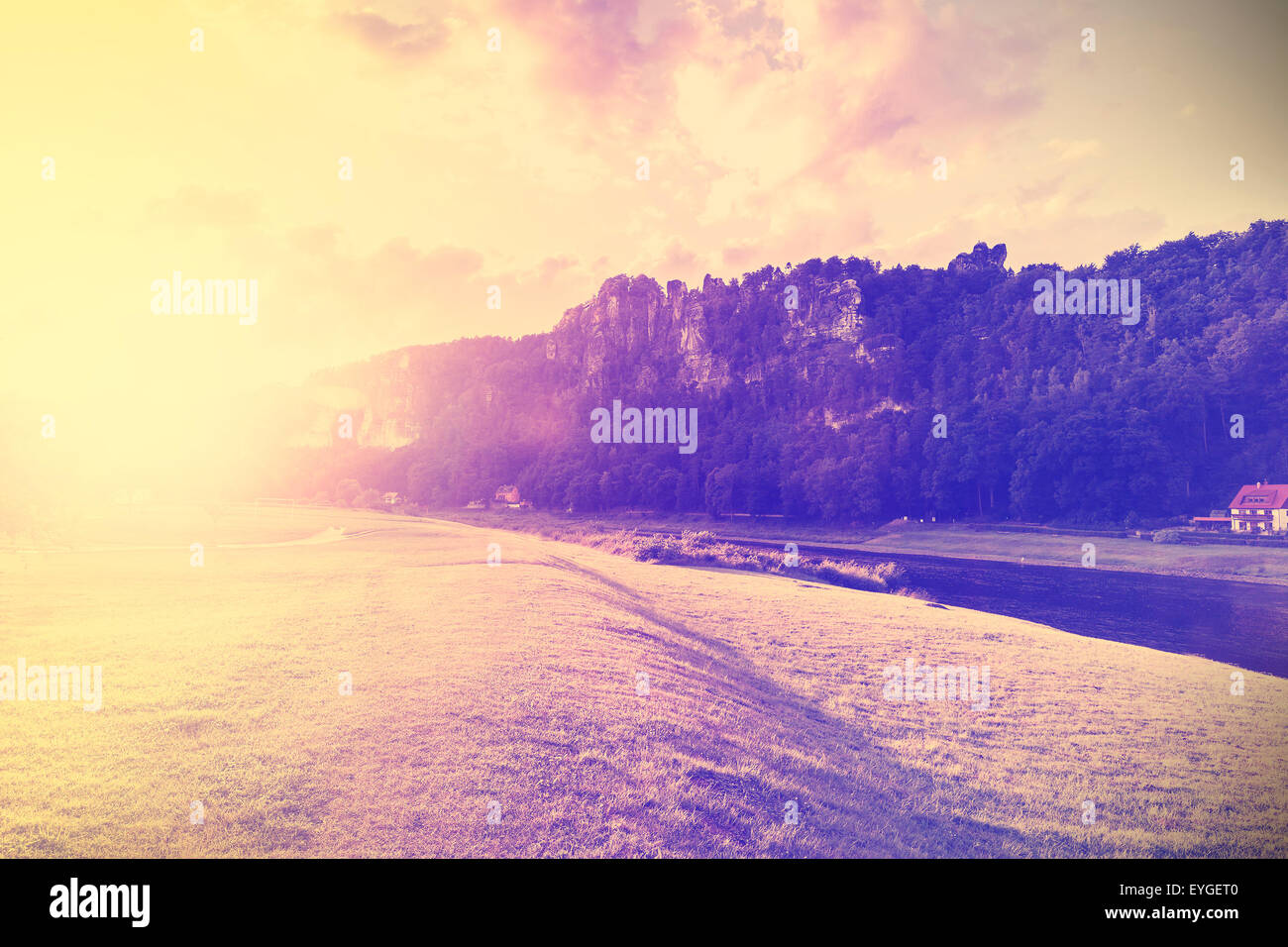 Vintage filtered nature background by sunset. Stock Photo