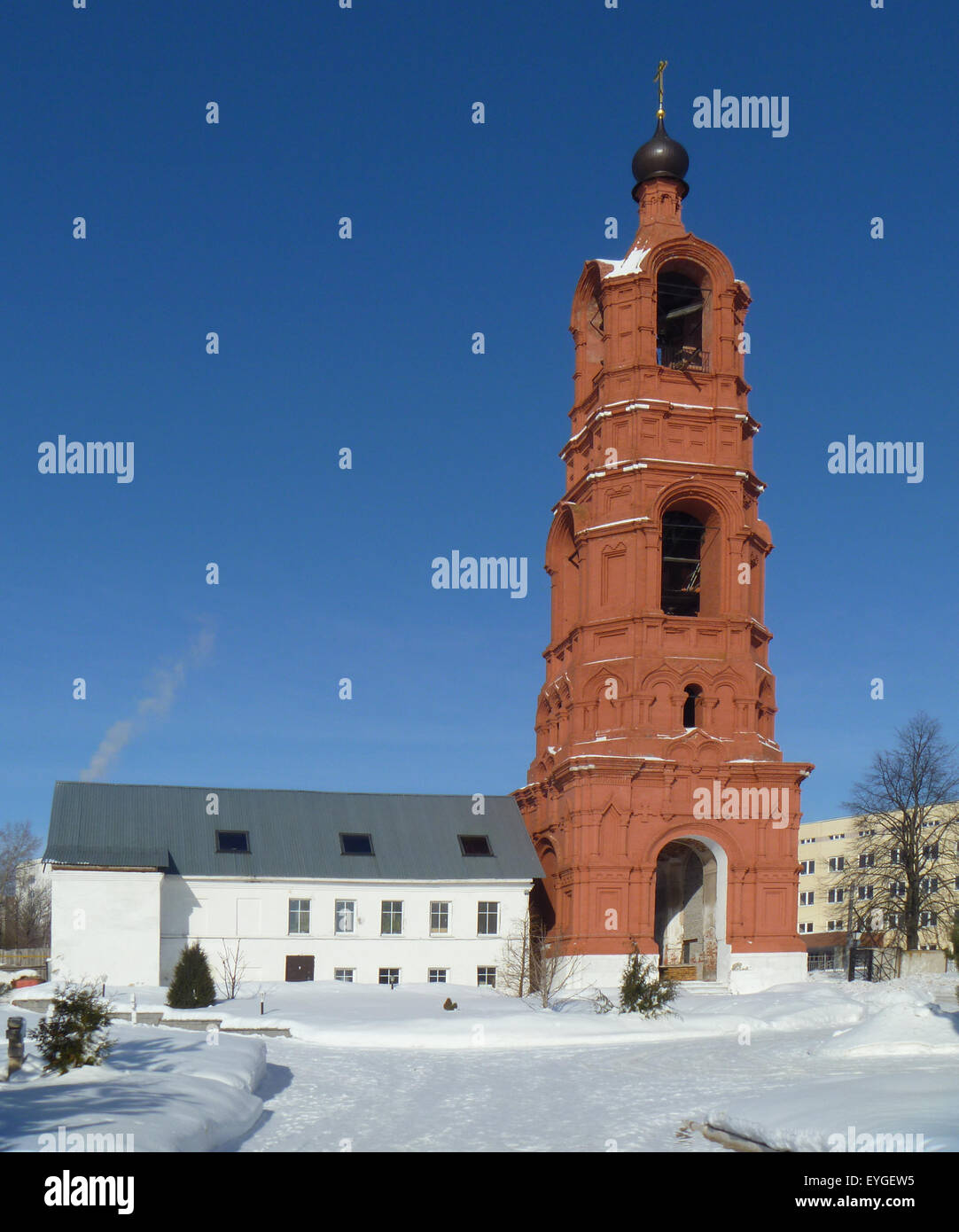 New bell tower on territory Reverently-Bogolyubskogo Aleksievskogo male priory in city Vladimir Stock Photo