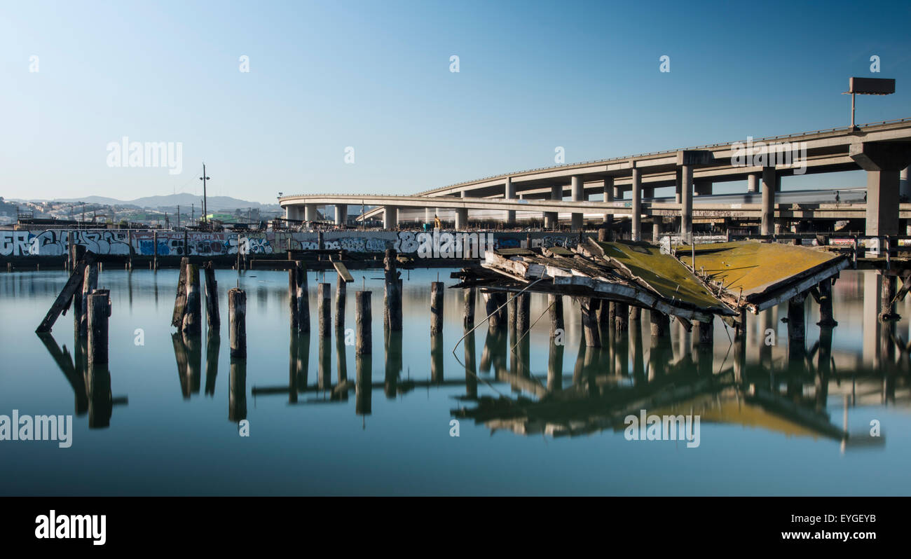 A dilapidated pier in San Francisco's Dogpatch Neighborhood Stock Photo