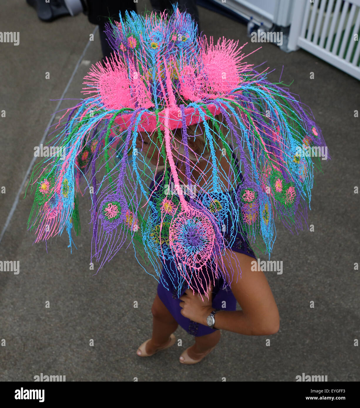 Ascot, United Kingdom, quirky woman with hat at the races Stock Photo