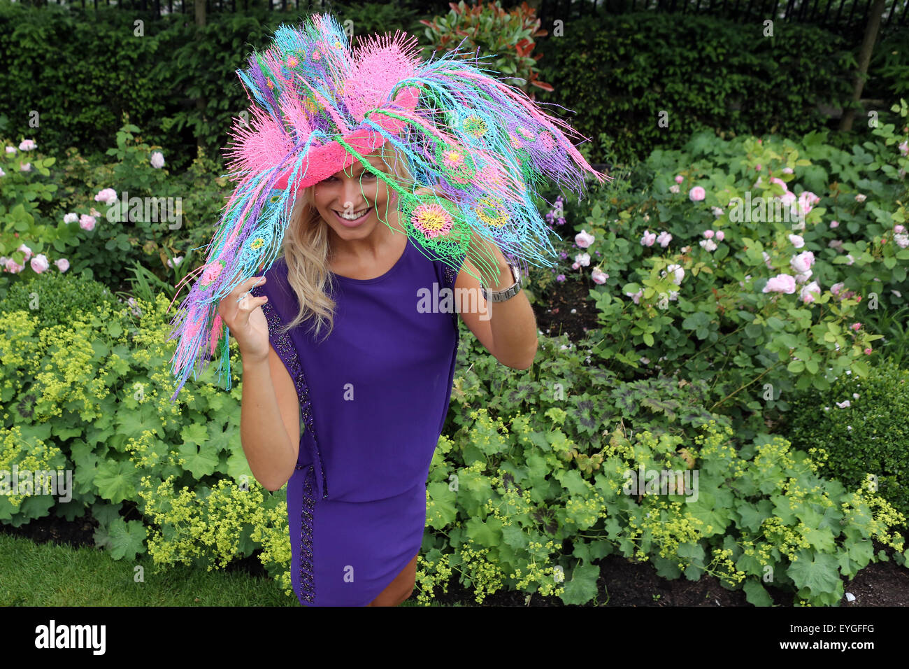 Ascot, United Kingdom, quirky woman with hat at the races Stock Photo