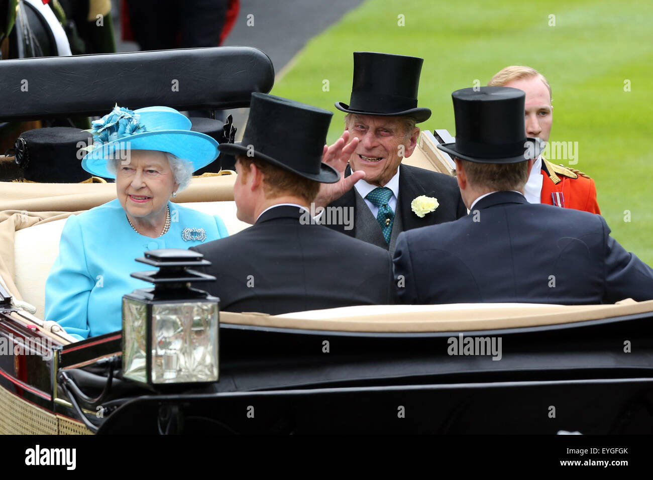 Ascot, United Kingdom, Queen Elizabeth II and Prince Philip sitting in a carriage Stock Photo
