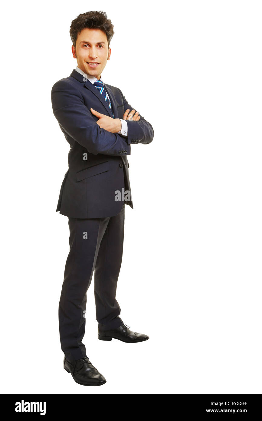 Happy business man standing with arms crossed isolated on white ...