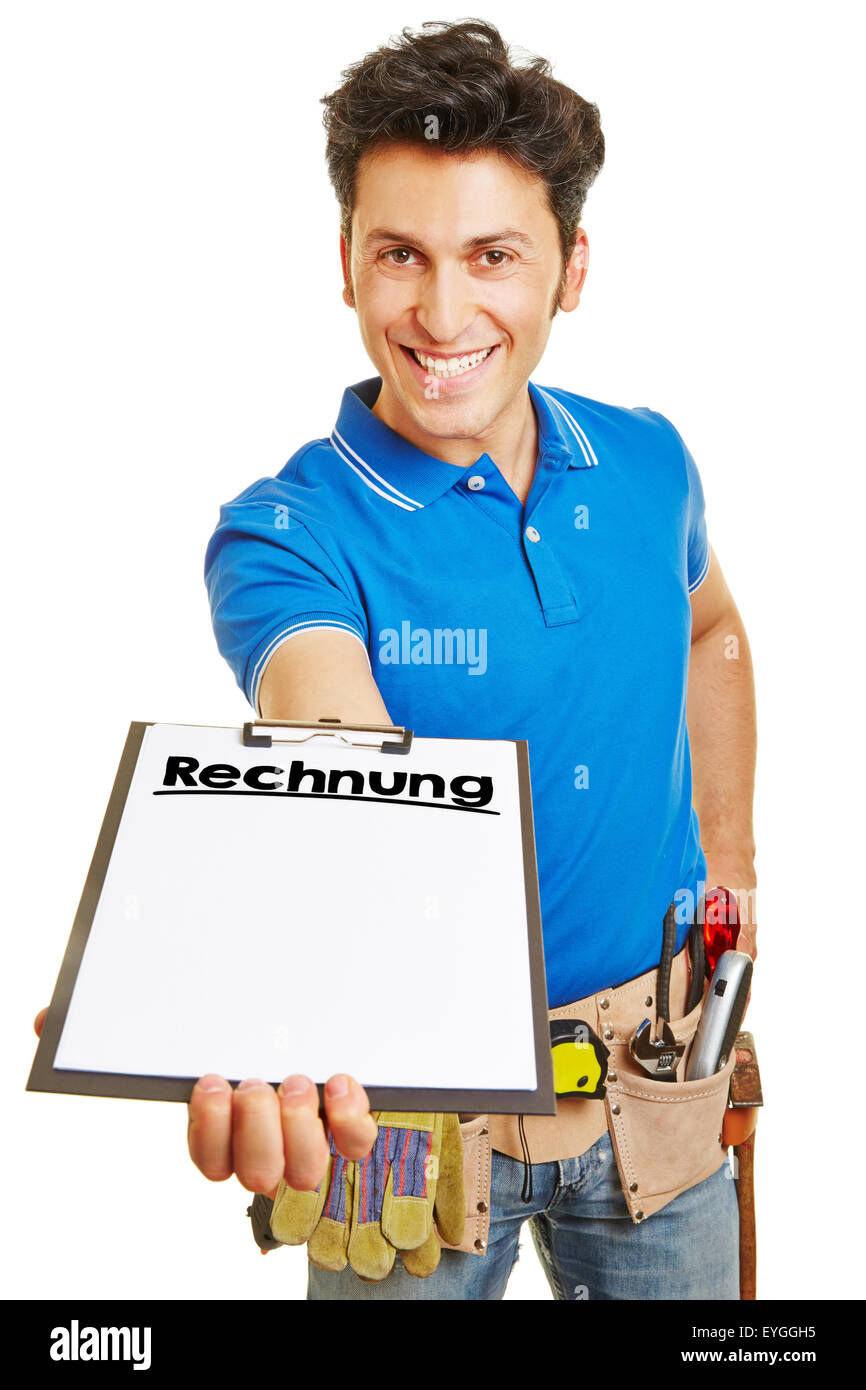 Slmiling craftsman presenting clipboard with German word 'Rechnung' (invoice) Stock Photo