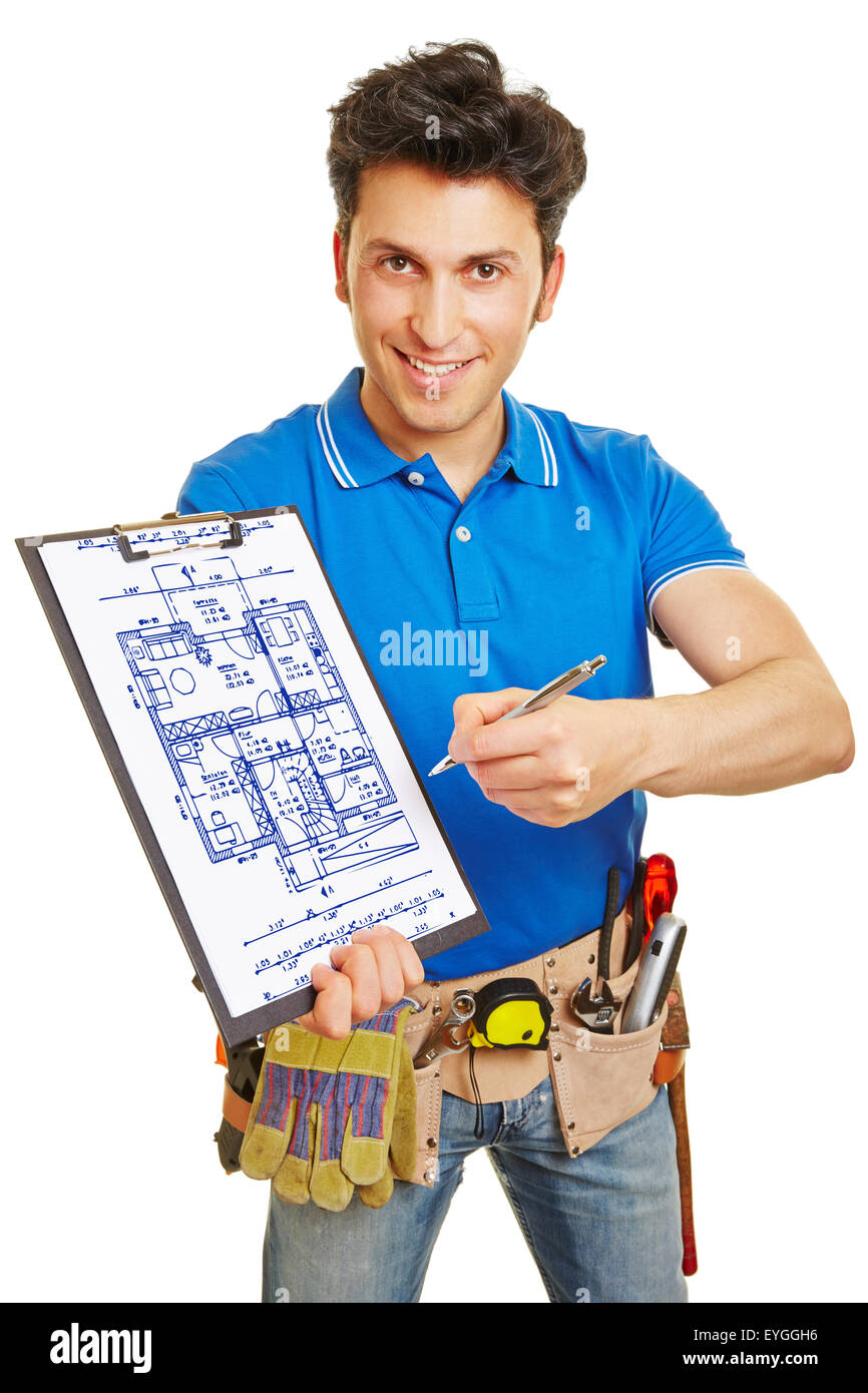Craftsman drawing blueprint of a home on a clipboard Stock Photo