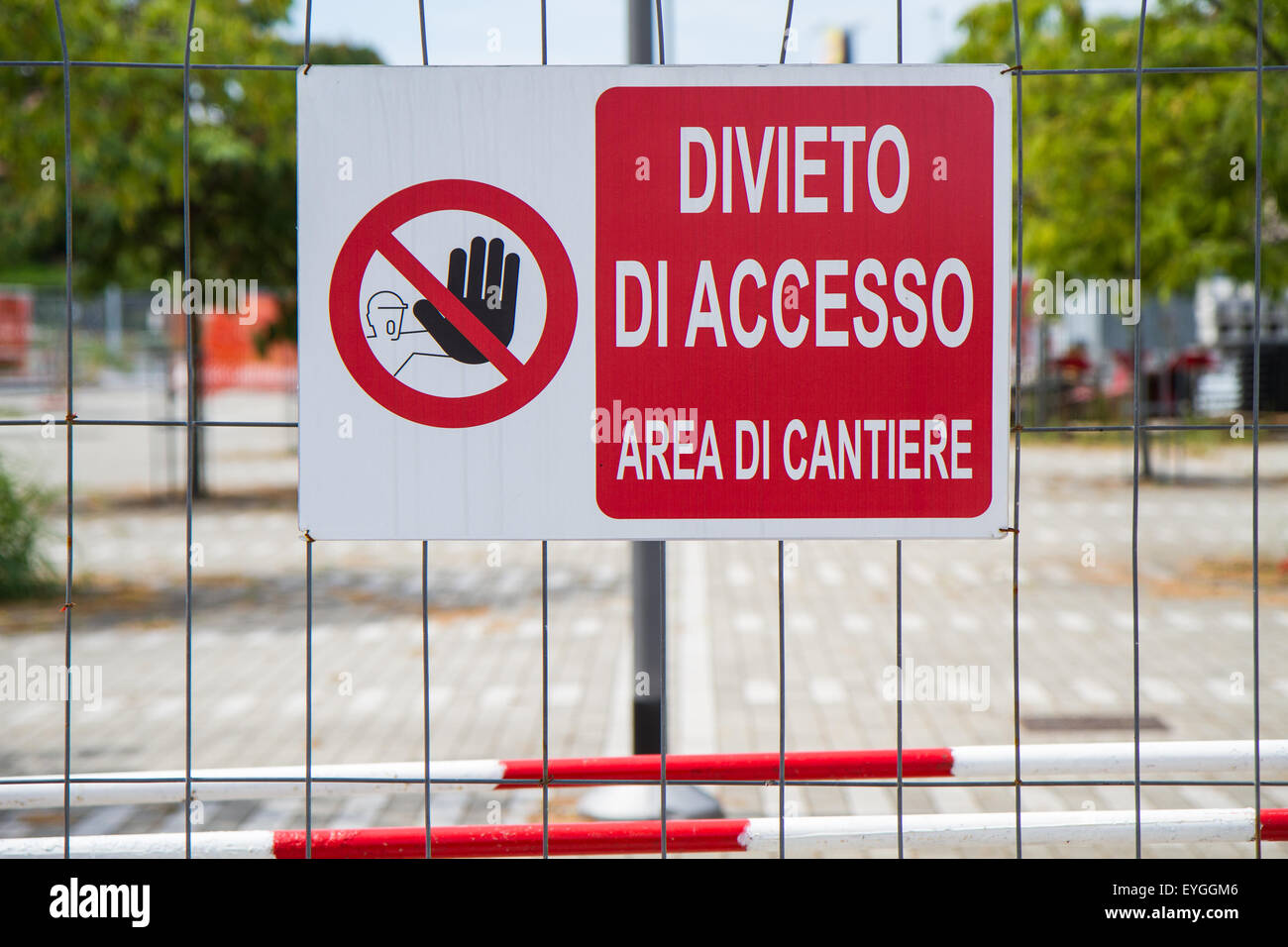close up fence with a sign prohibiting access area site Stock Photo