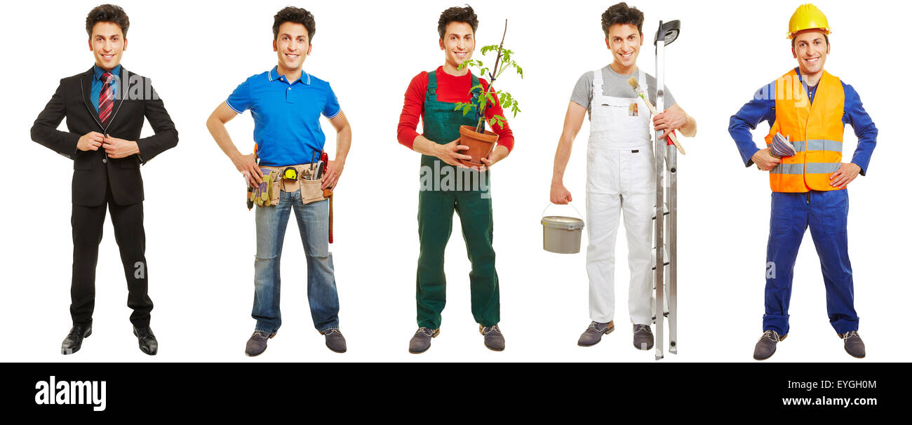Same man in different jobs and professions standing isolated on white Stock Photo