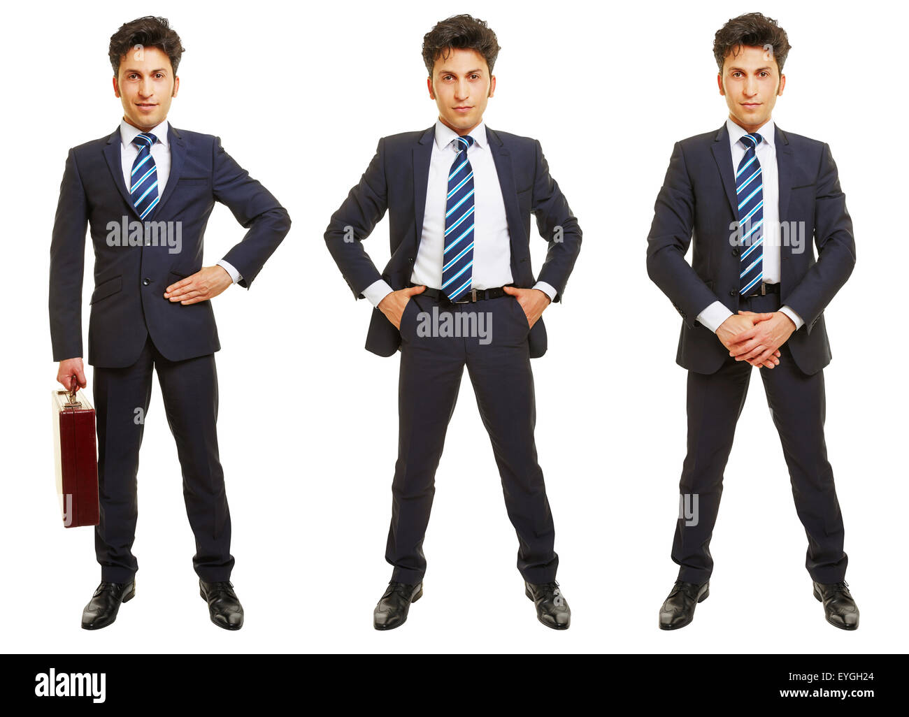 Three versions of business man standing frontal isolated on white Stock Photo