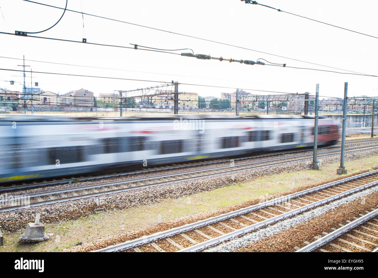 blurred picture train on railway interchange Stock Photo