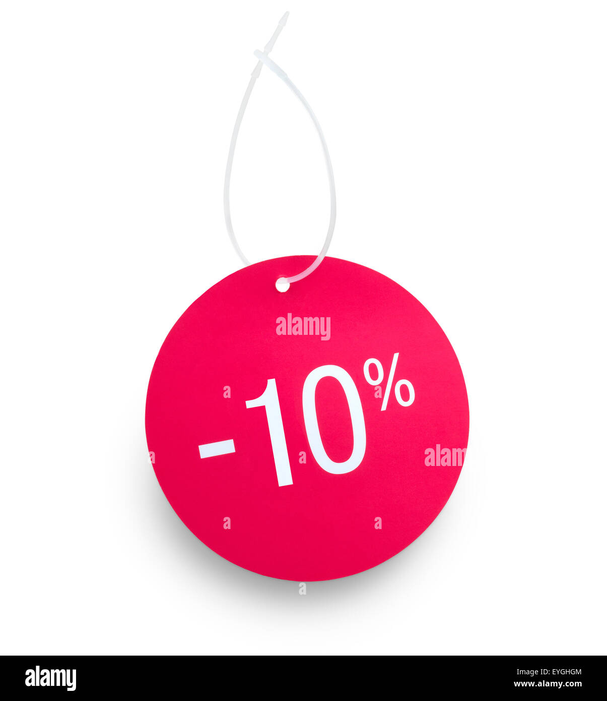 Discount tag. 10% off against white background. Clipping path on tag and hanger tape Stock Photo