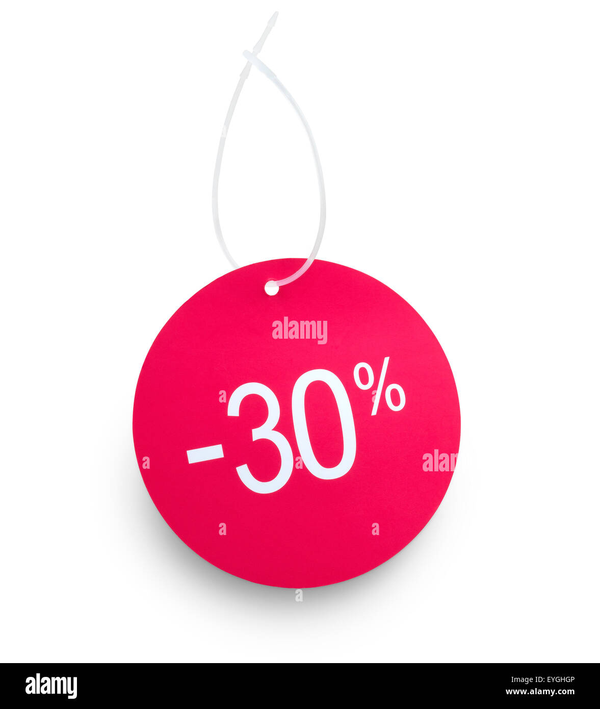 Discount tag 30% off against white background. Clipping path on tag and hanger tape Stock Photo