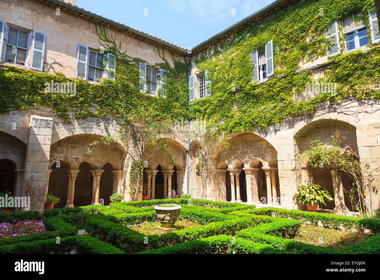 Formal garden in the centre of the cloisters at Maison de Sante Saint Paul Monastery at Saint Remy Stock Photo