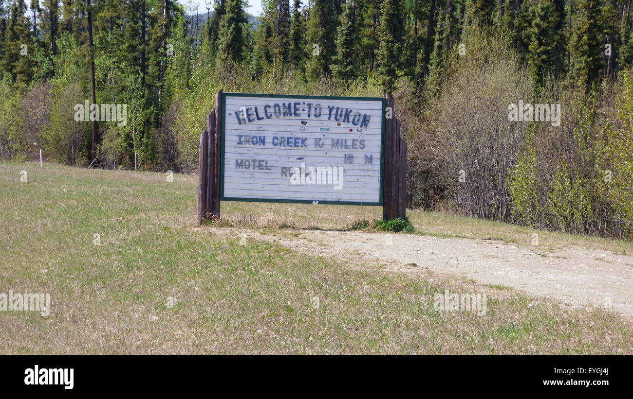 Welcome to the Yukon road sign, on Alaska highway. Stock Photo