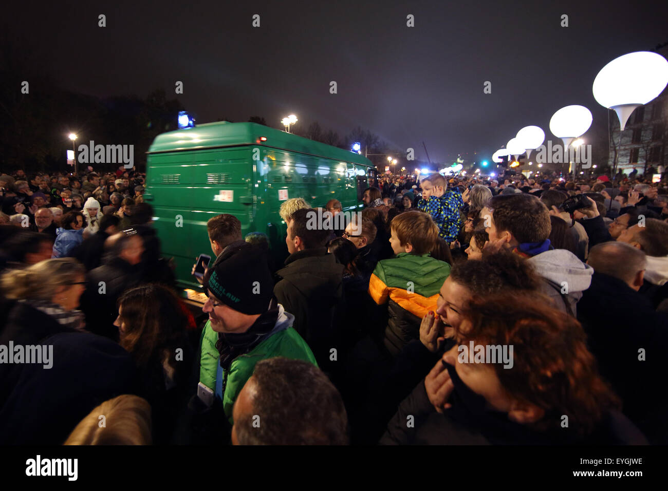 Berlin, Germany, police vans driving through a crowd Stock Photo