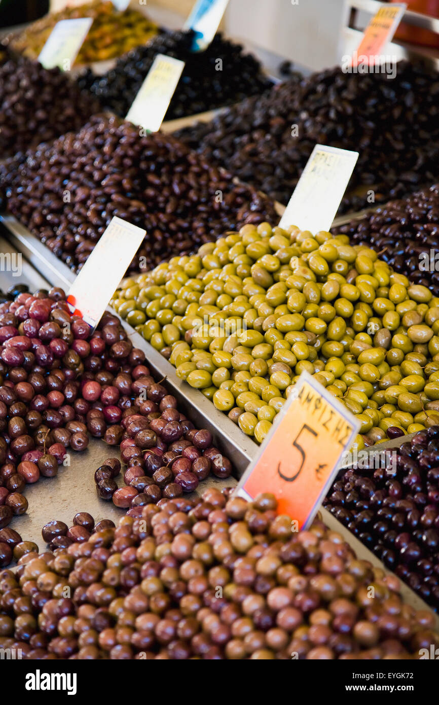 Greece, Variety of Greek olives for sale at market stall; Thessaloniki