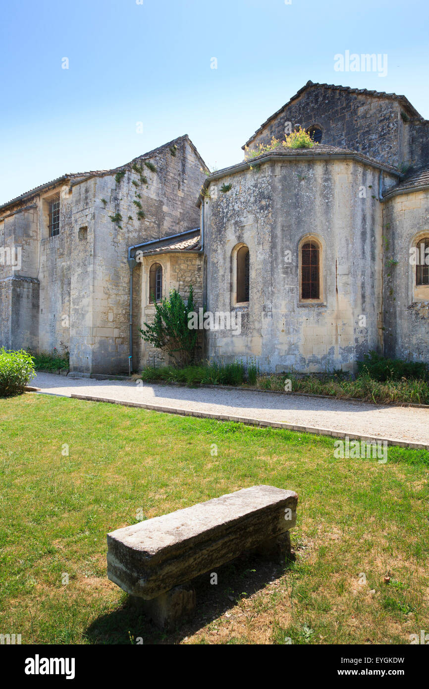 Stone bench in the garden of Maison de Sante Saint Paul Monastery at Saint Remy Stock Photo