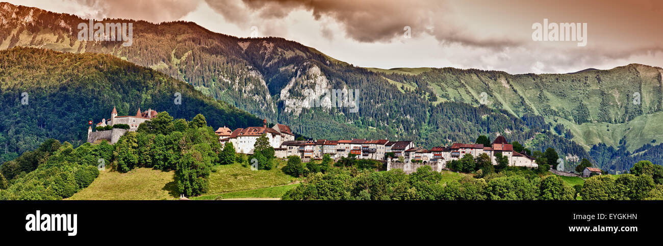 Panorama, Gruyères, Switzerland, Fribourg, Swiss Cheese Stock Photo